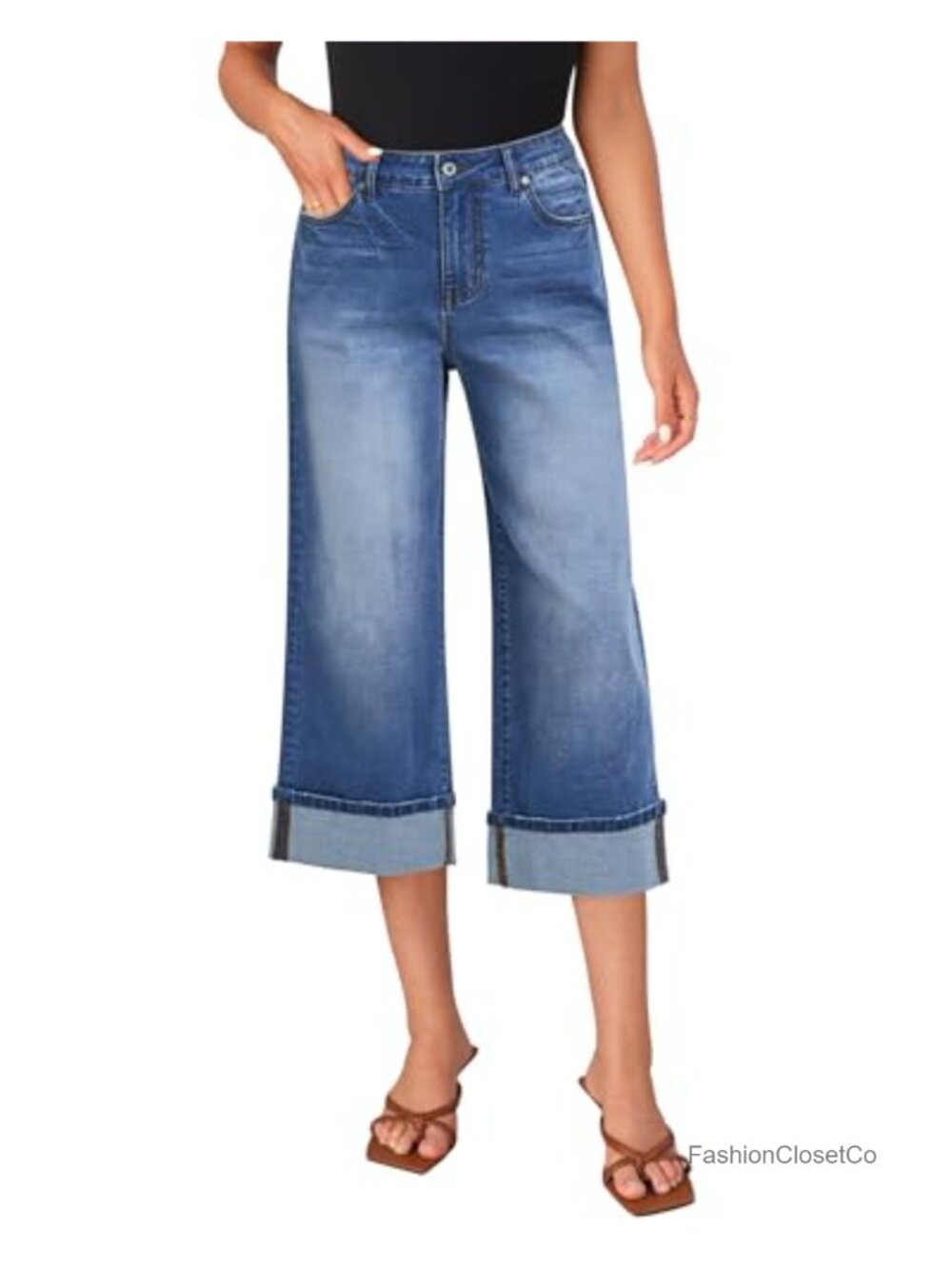 Women's High Waisted Wide Leg Capri Jeans Stretch Denim Roll Hem Cropped